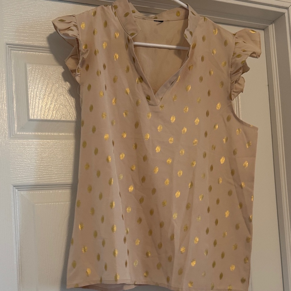 Cream Cap-Sleeve Blouse with Gold Foil Dots